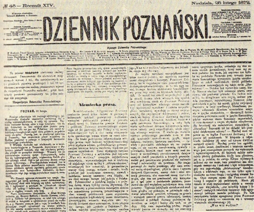 Pierwsza strona Dziennika Poznańskiego z 25 lutego 1872 r.