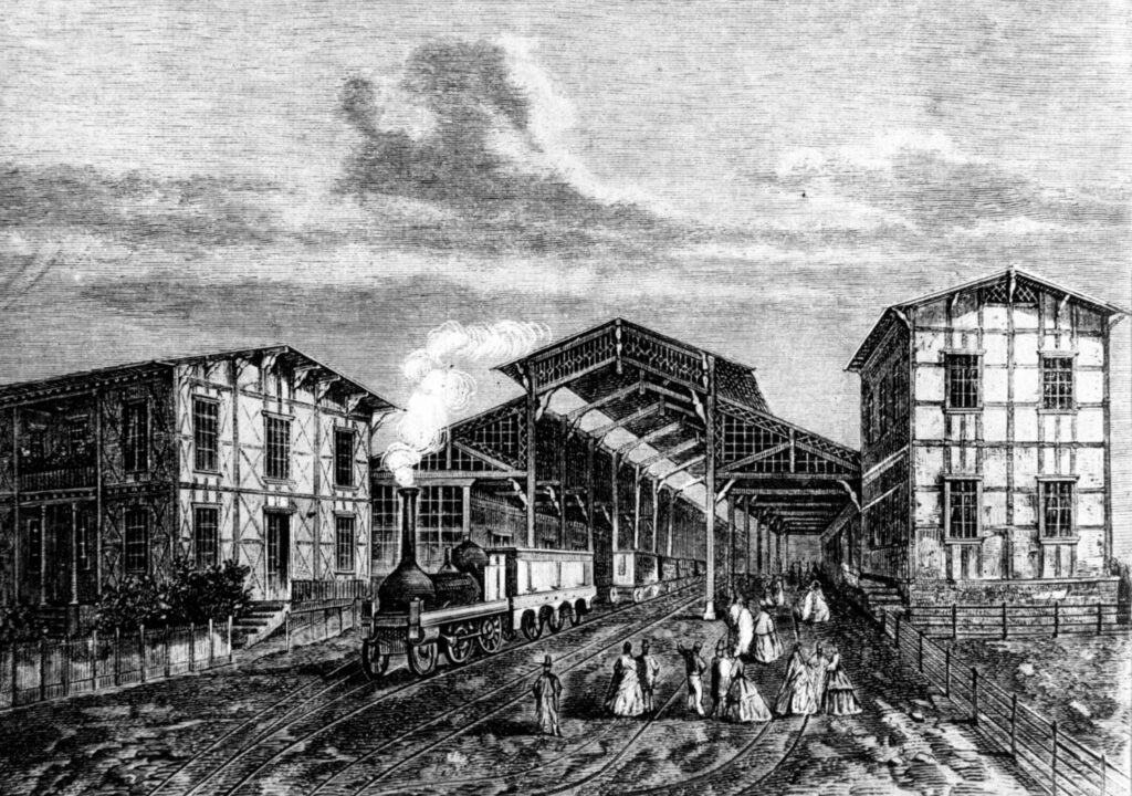 Rycina z 1863 r. przedstawiająca pierwszy dworzec na Jeżycach