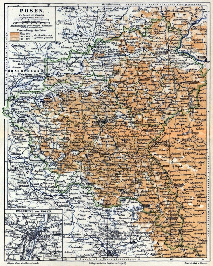 Mapa Poznania i okolic z encyklopedii Meyera z lat 1885-1890