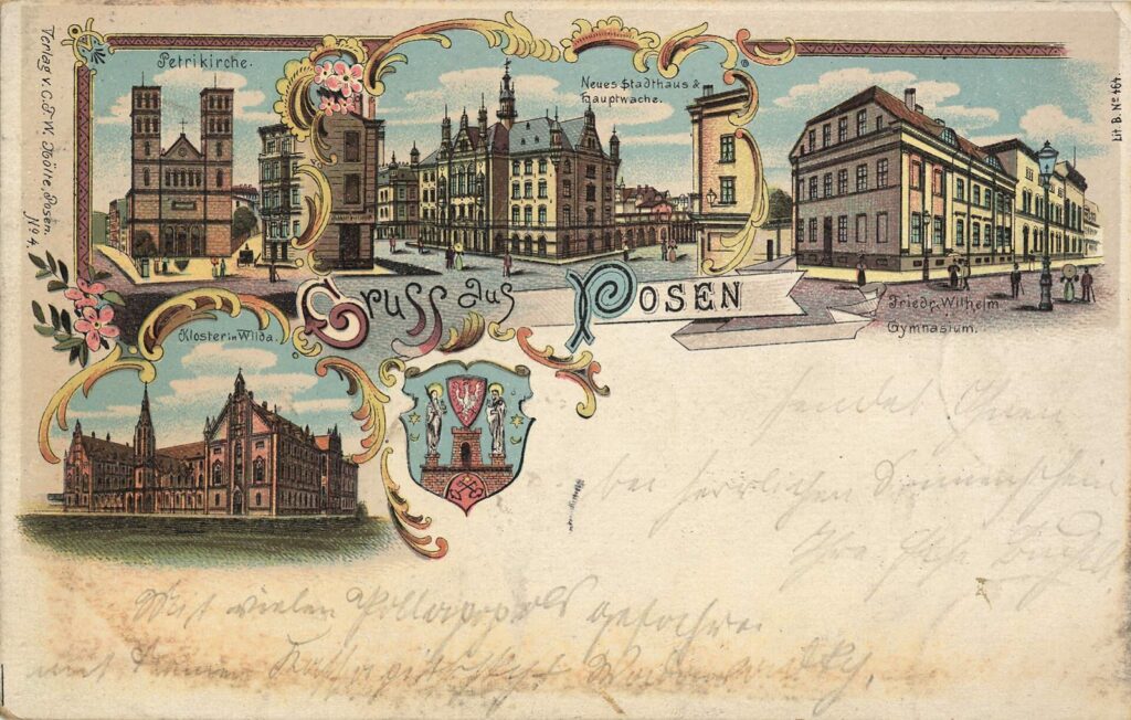 Pocztówka z czterema widokami Poznania z około 1900 r.